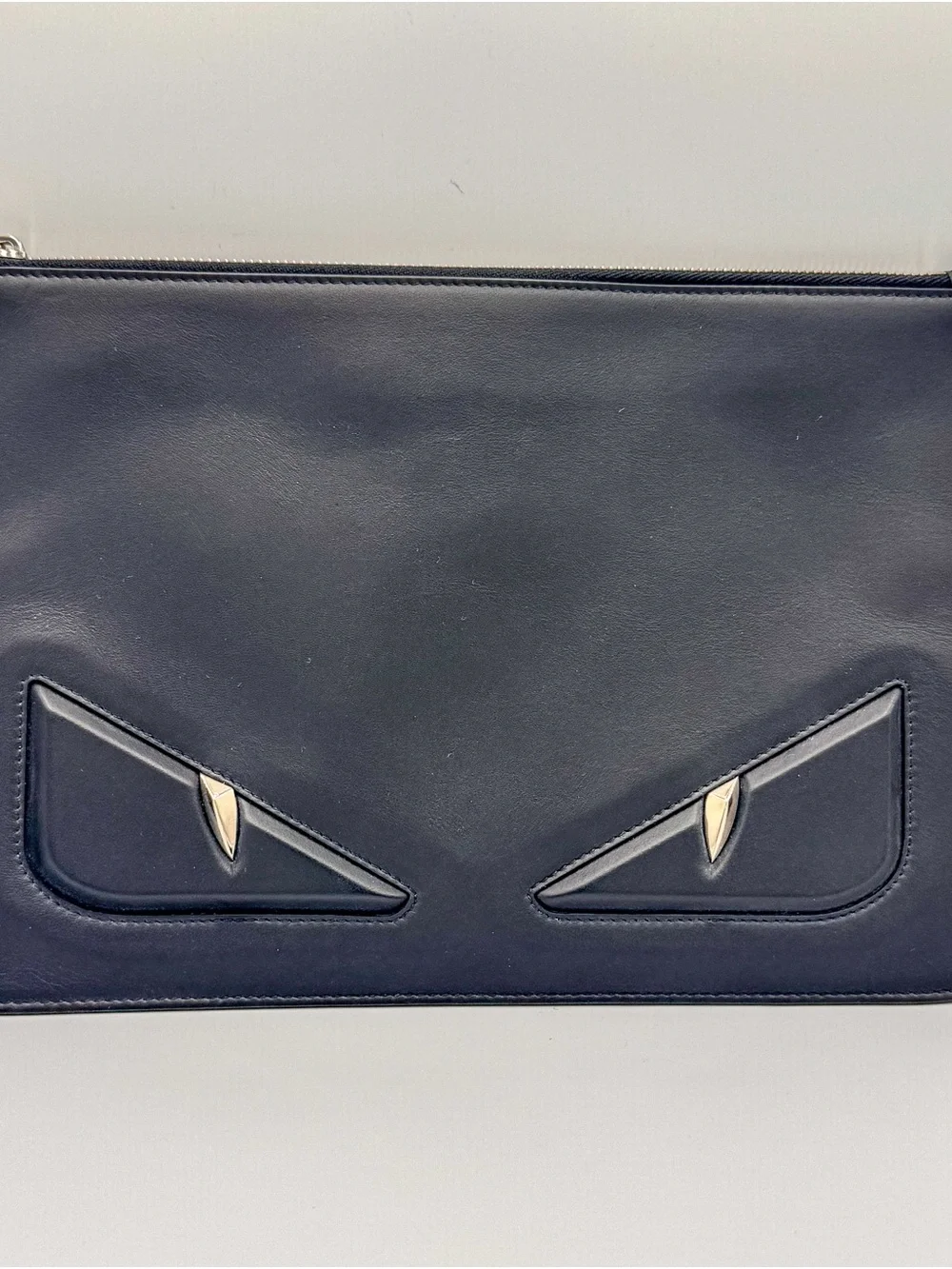 Fendi Black Leather Monster Bag Bugs Zip Pouch with Silver Accents